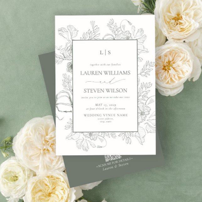 Invitation QR Code Monogramme élégant Sage Green Floral Line (Créateur téléchargé)