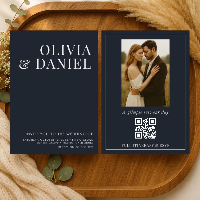 Invitation QR Code Navy Blue Minimalist Photo Wedding (Créateur téléchargé)