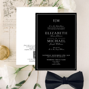 Invitation QR Code Noir Blanc Classique Monogramme Mariage