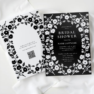 Invitation QR Code noir blanc folk Fête des mariées florale