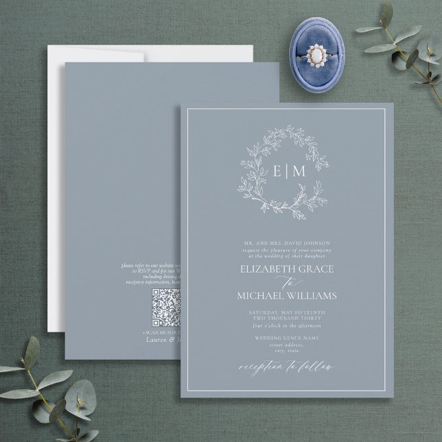 Invitation QR Code officiel Dusty Blue Leafy Crest Monogramme (Créateur téléchargé)