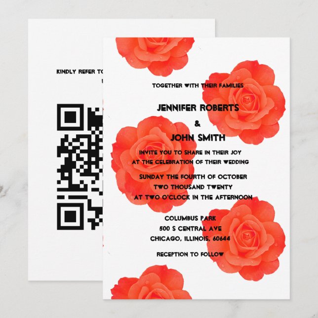 Invitation QR Code Orange Floral Rose Motifs Boho Mariage (Devant / Derrière)