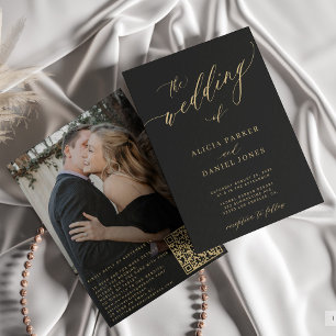Invitation QR code photo moderne élégant or noir mariage