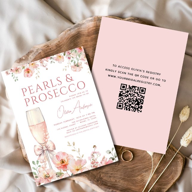 Invitation QR Code Pink Bow Pearls & Prosecco Fête des mariée (Créateur téléchargé)