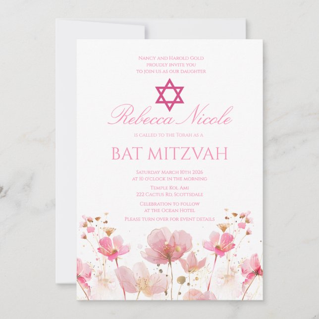Invitation QR Code Pink Watercolor Floral Bat Mitzvah  (Devant)