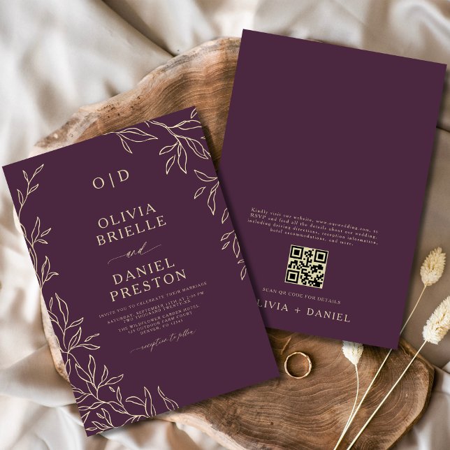 Invitation QR Code Plum Purple & Gold Minimal Mariage feuille (Créateur téléchargé)