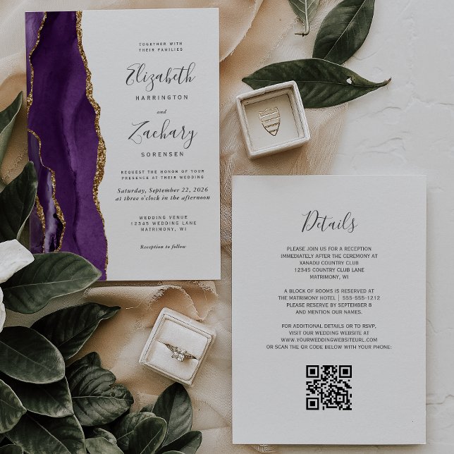 Invitation QR Code Purple Gold Agate Mariage (Créateur téléchargé)