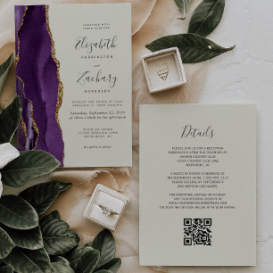 Invitation QR Code Purple Gold Agate Mariage ivoire