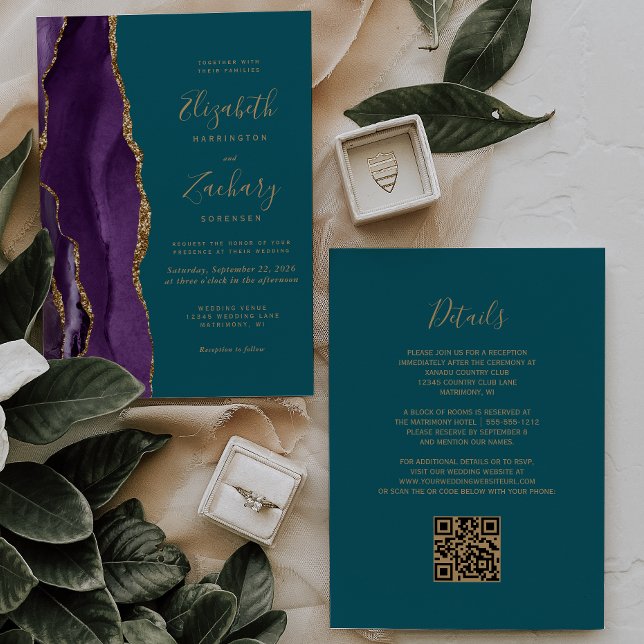 Invitation QR Code Purple Gold Agate Mariage Turquoise (Créateur téléchargé)