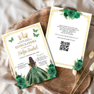 Invitation QR Code Quinceanera Floral Emerald Gold Vert