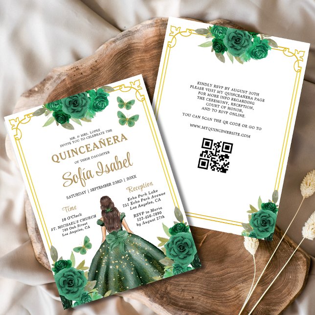 Invitation QR Code Quinceanera Floral Emerald Gold Vert (Créateur téléchargé)