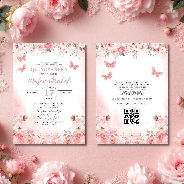 Invitation QR Code Quinceañera Rose rose pâle (Créateur téléchargé)