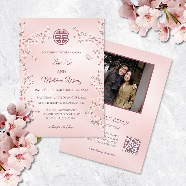 Invitation QR Code Rose Cherry Blossom Photo Mariage chinois (Créateur téléchargé)