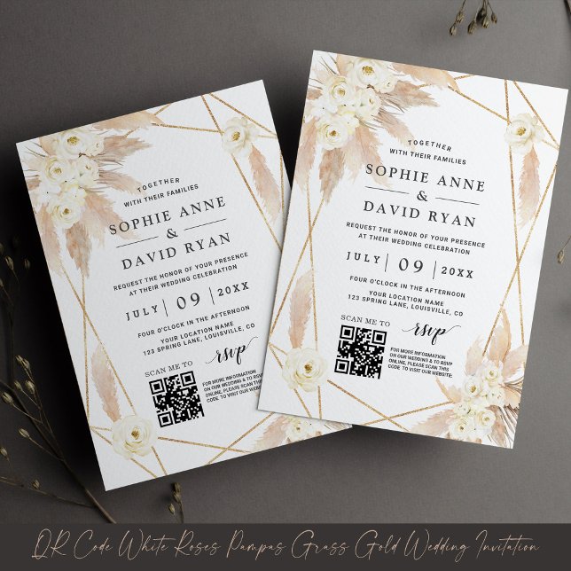Invitation QR Code Roses blanches Pampas Mariage en or laiton (Créateur téléchargé)
