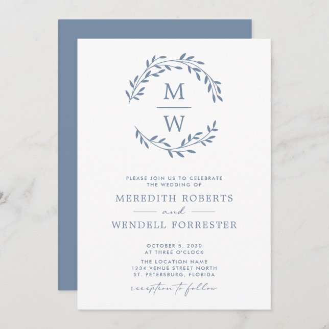 Invitation QR Code RSVP Dusty Blue Monogram Wreath Mariage (Devant / Derrière)