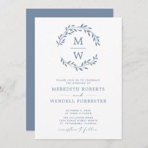 Invitation QR Code RSVP Dusty Blue Monogram Wreath Mariage