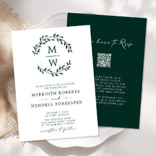 Invitation QR Code RSVP Emerald Green Monogram Mariage Wreath