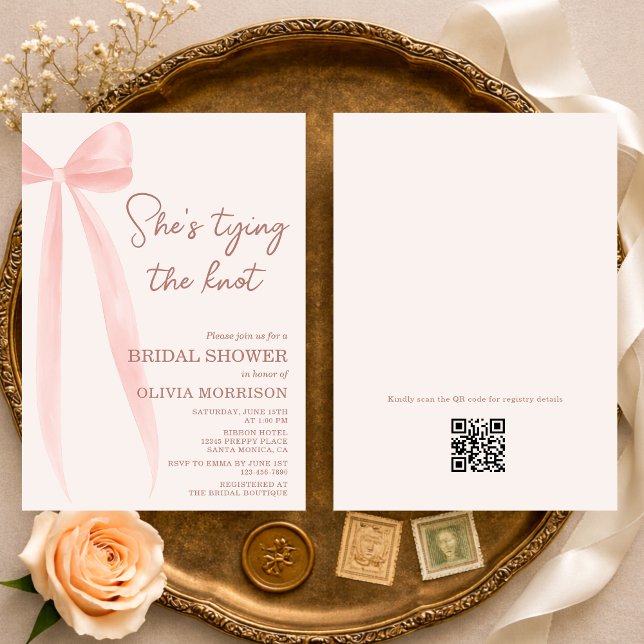 Invitation QR Code She's Tying the Knot Bow Bridal Shower (Créateur téléchargé)