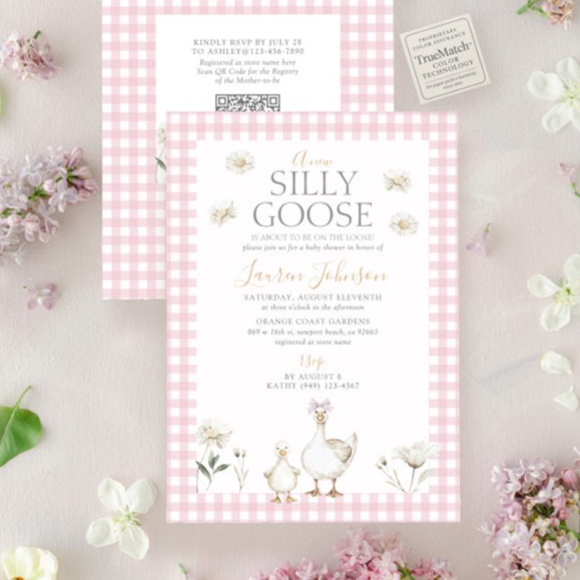 Invitation QR Code Silly Goose Whimsical Rose Bow Baby shower (Créateur téléchargé)