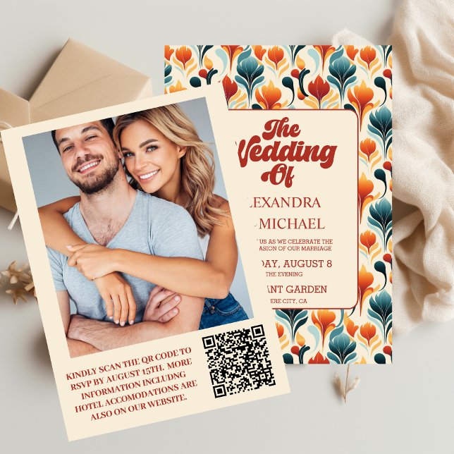 Invitation QR Code Super rétro les années 70 Mariage floral (Créateur téléchargé)