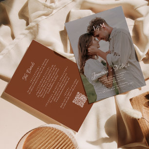 Invitation QR Code Terracotta Budget Monogram Overlay Mariage