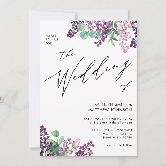 Invitation QR Code Tout en un violet Lilac Mariage Floral (Devant)