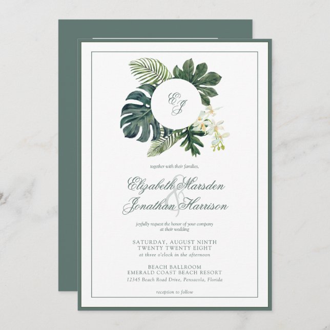 Invitation QR Code Tropical Monstera Orchidées Monogramme Pho (Devant / Derrière)