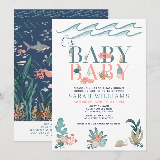 Invitation QR Code Twins Under the Sea Oh Baby Baby shower (Devant / Derrière)