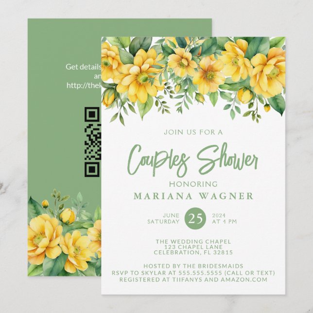 Invitation QR Code Yellow Sage Floral Couples Shower  (Devant / Derrière)