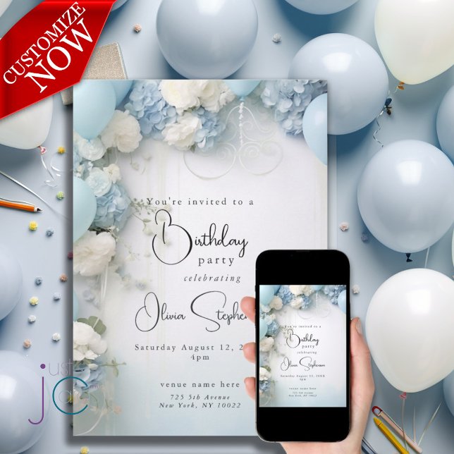 Invitation QR Festive Ciel bleu Fleurs et Ballons blancs (text us easy to customize )