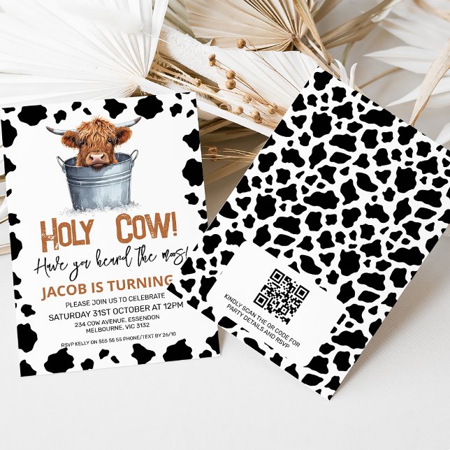 Invitation QR Highland Cow in Bucket Cow Imprimer 1er anniver (Highland cow holy cow first birthday invitation with black and white cow print and QR code.)