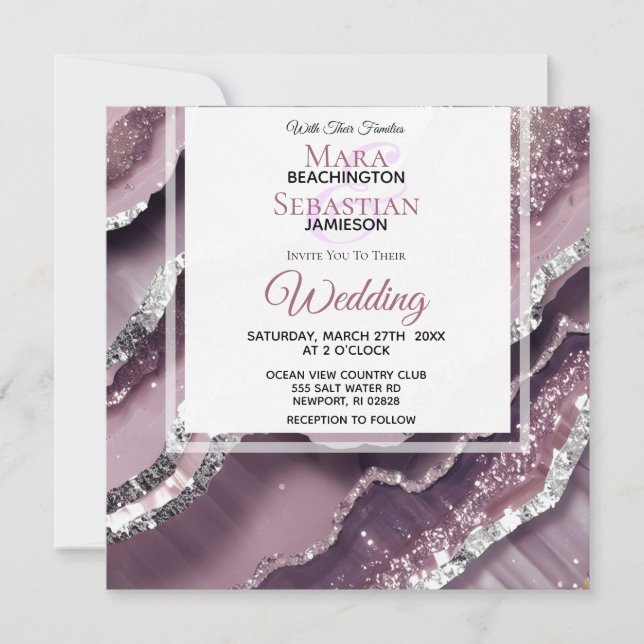 Invitation *~* QR MAUVE Argent AGATE AR66 Mariage RSVP (Devant)