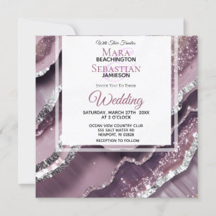 Invitation *~* QR MAUVE Argent AGATE AR66 Mariage RSVP