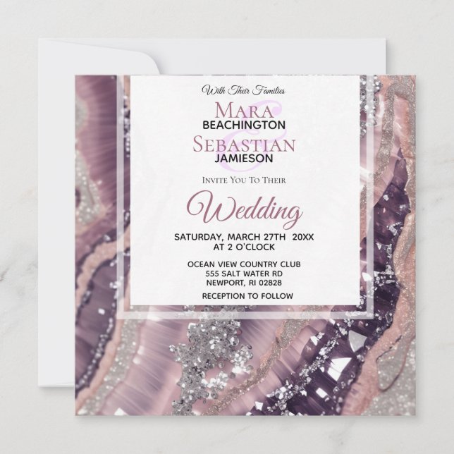 Invitation *~* QR MAUVE RSVP Silver AGATE AR66 Mariage (Devant)