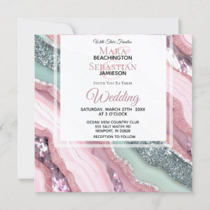 Invitation *~* QR MINT PINK Argent AGATE AR66 Mariage RSVP