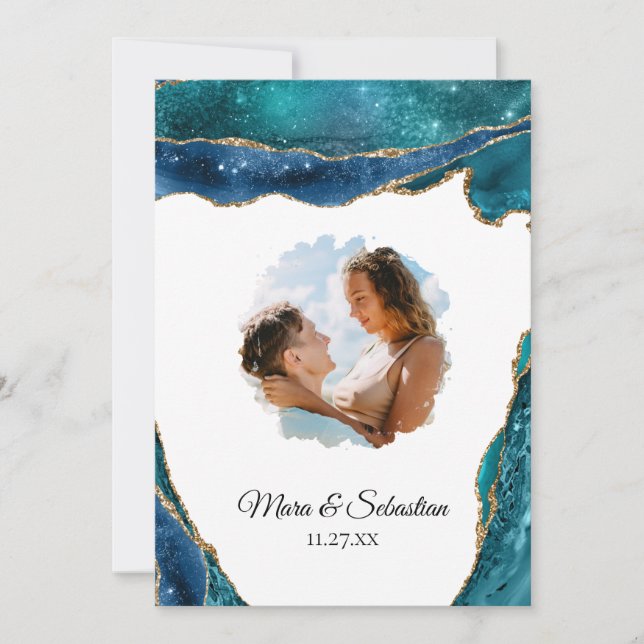 Invitation *~* QR - PHOTO - RSVP AR13 Mariage AGATE Turquoise (Devant)