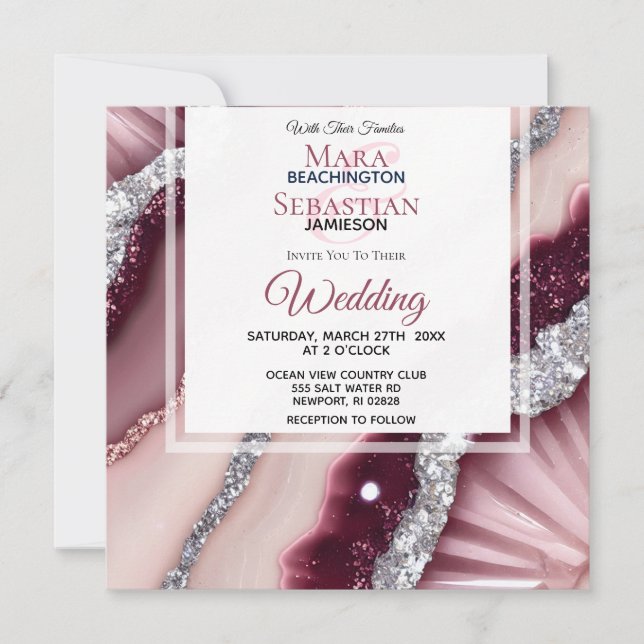 Invitation *~* QR PINK BURGUNDY Agate RSVP AR66 Mariage (Devant)