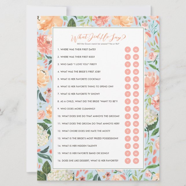 Invitation Qu'A-T-Il Dit Groom Fête des mariées Game (Devant)