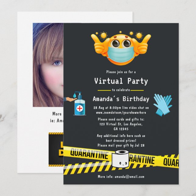 Invitation Quarantaine Virtual Birthday Party Photo (Devant / Derrière)