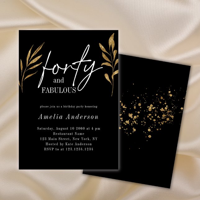 Invitation Quarante-40e Gold Greenery Black Birthday Party (Créateur téléchargé)