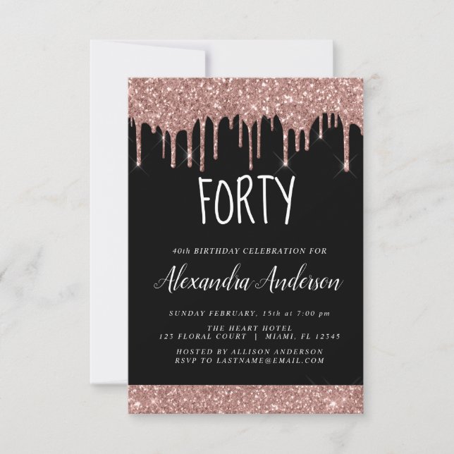 Invitation Quarante - 40e Rose Gold Parties scintillant noire (Devant)