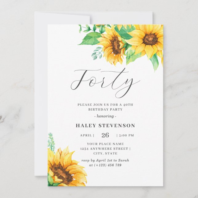 Invitation Quarante chic tournesol jaune floral 40e anniversa (Devant)