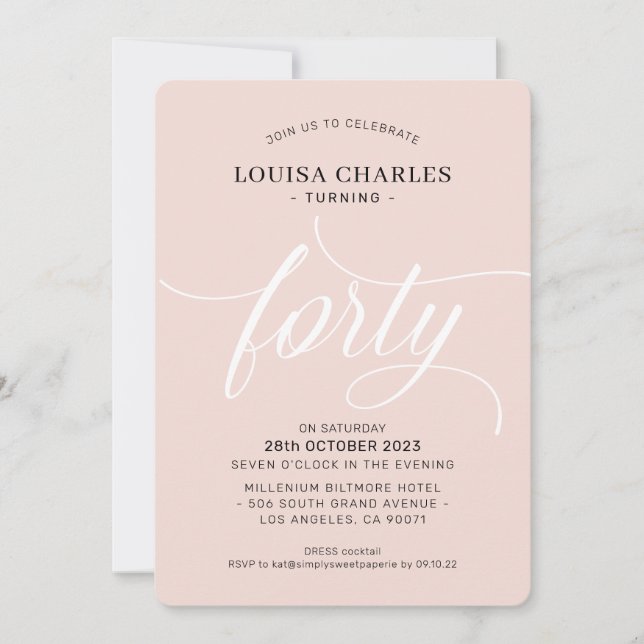 Invitation Quarante élégant anniversaire chic moderne rose pâ (Devant)