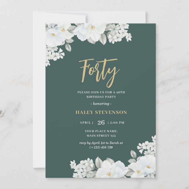 Invitation Quarante Emerald Green & Gold White Floral (Devant)