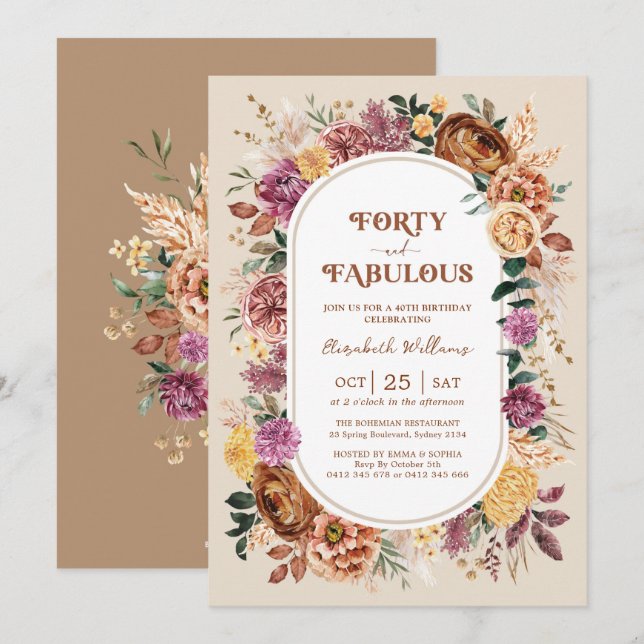 Invitation Quarante et fabuleux Boho Fall Floral 40e annivers (Devant / Derrière)