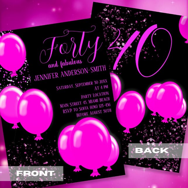 Invitation Quarante et fabuleux fête d'anniversaire Neon rose (Créateur téléchargé)