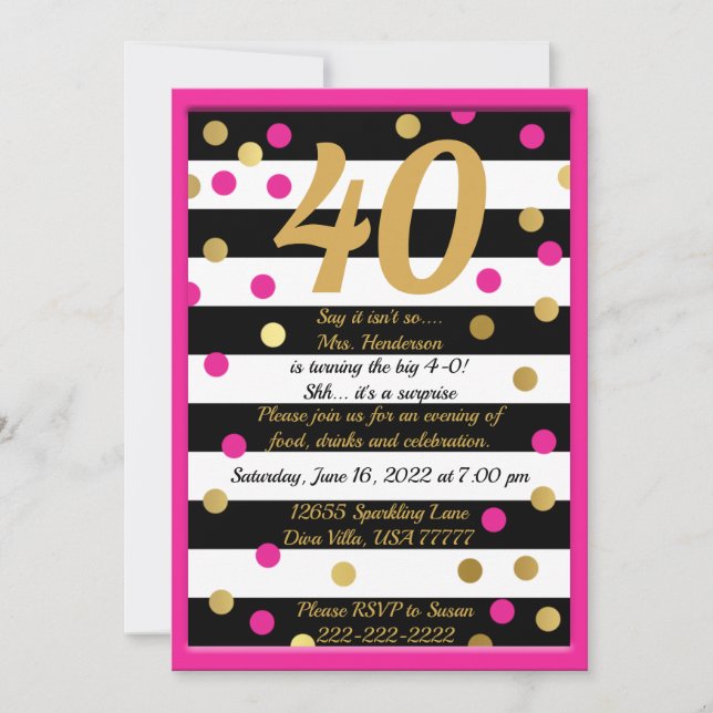 Invitation Quarante et fabuleux Hot Pink Black White Gold Ann (Devant)