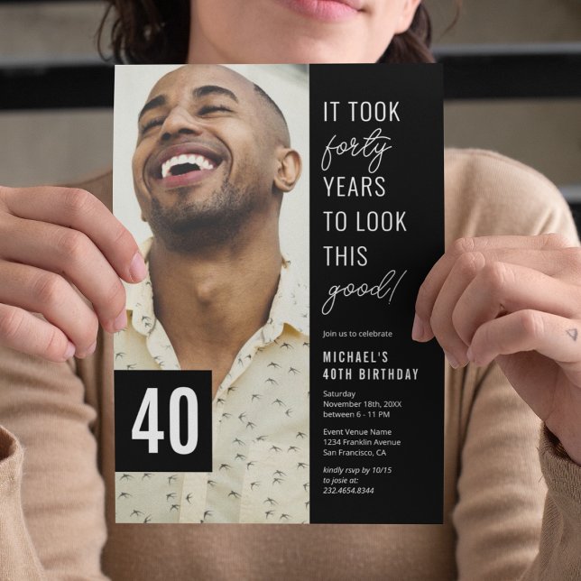 Invitation Quarante Noir & Blanc 40e Anniversaire Photo (Créateur téléchargé)
