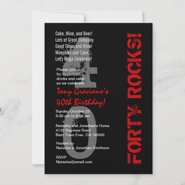 Invitation Quarante roches ! Toile rouge blanche noire (Devant)