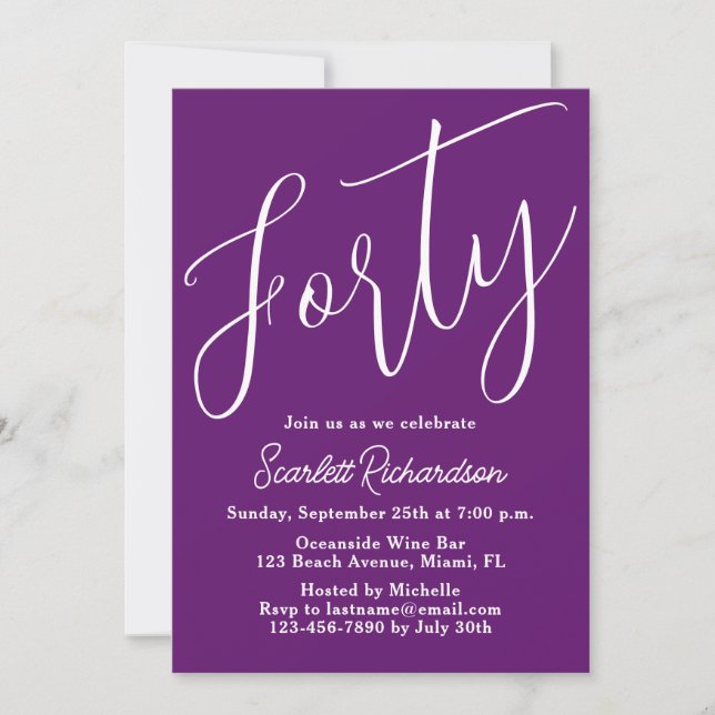 Invitation Quarante Script moderne Automne Purple 40e anniver (Devant)